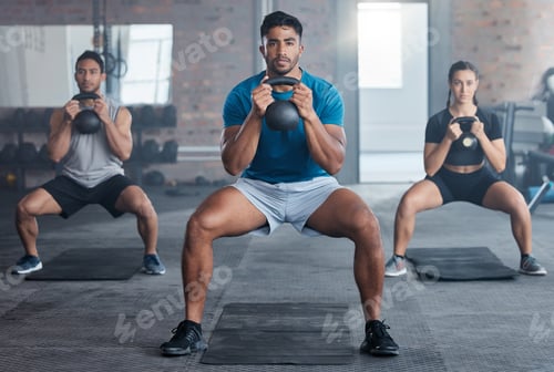 Preview: Fitness, kettlebell and personal trainer with a man coach training a class in the gym for health. E