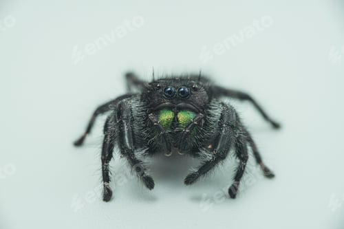 Preview: Close up of Black Jumping Spider with Green Chelicerae