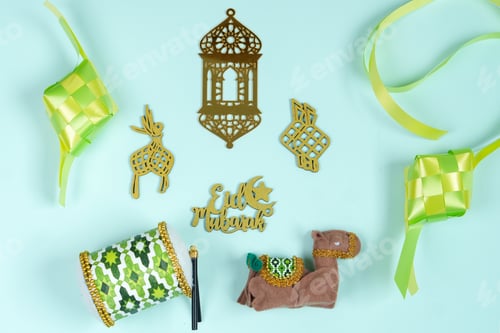 Preview: Various Islamic Decoration And Ornament For Eid Mubarak Or Ramadan Concept On Light Blue Ribbon