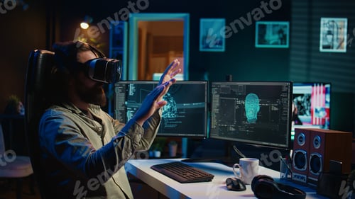 Preview: Programmer using VR headset to answer awaken AI asking existential questions