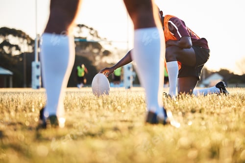Preview: Legs, ball and rugby, sports on field outdoor with team, target with fitness and train for match. E