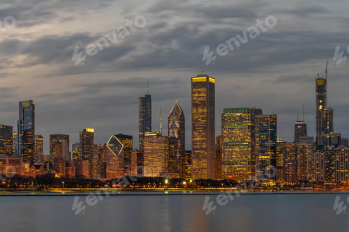 Preview: Chicago Cityscape river side along Lake Michigan at beautiful twilight time