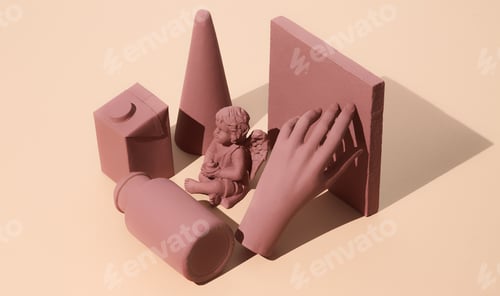 Preview: Minimal abstract composition in isometric. Still life. Stylish chocolate objects.