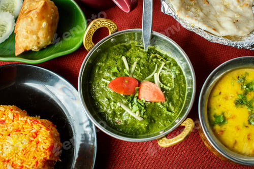Preview: Indian dishes. Rice, dal, Palak paneer, chapatti
