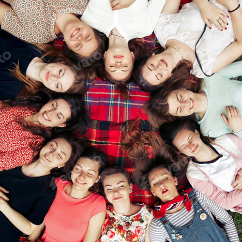 Preview: happy group of women faces in circle posing and smiling on picnic