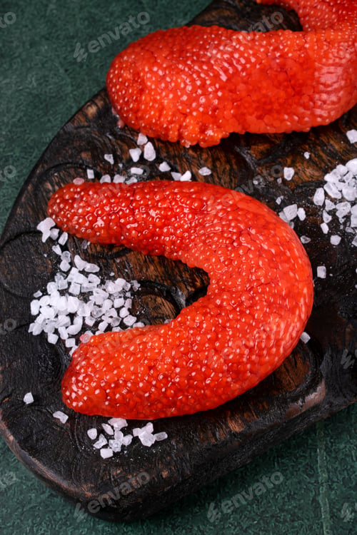 Preview: Fresh red caviar in a roe egg sack.