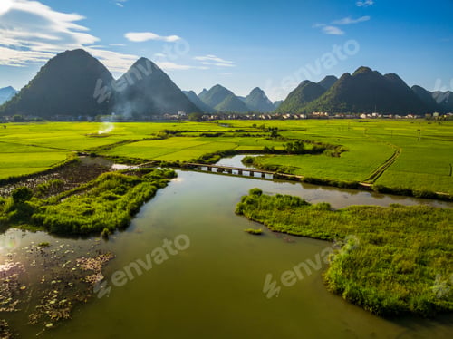 Preview: Aerial drone view of Bac Son rice field valley at sunset, Lang Son, Vietnam