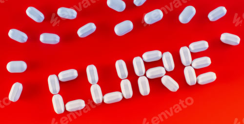 Preview: White capsules shaping the word cure on the red flat surface