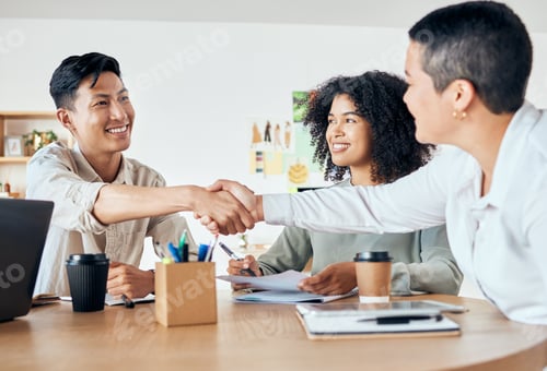 Preview: Handshake, global partnership and office deal in business meeting with man and women for diversity