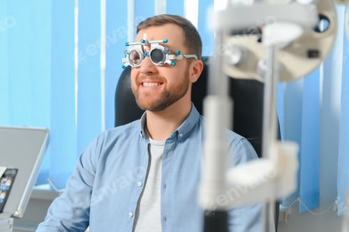 Preview: Adult man eyesight test with binocular slit-lamp. Checking retina of a male eye close-up.