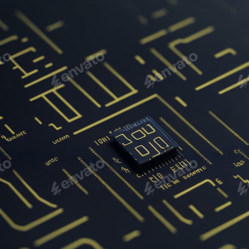 Preview: Abstract Views of Microchips in Macro Shot: Black Boards and Golden Schemes