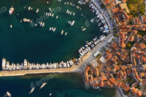Preview: Top view of docks in Croatia with yachts and boats in summer at sunrise