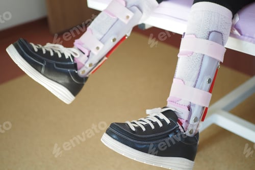 Preview: Child's Legs with Orthopedic Braces and Sneakers Sitting on Bench