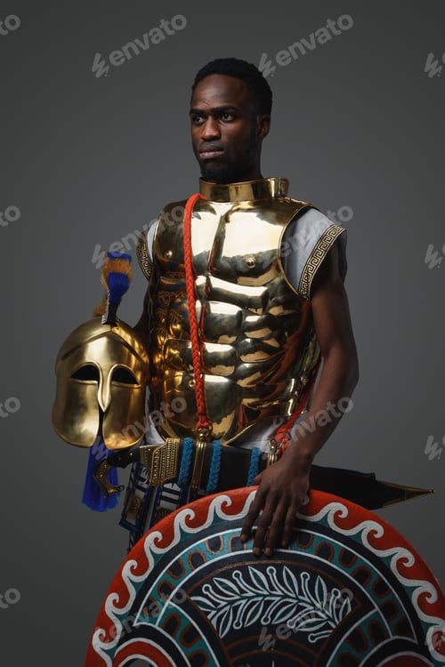 Preview: African soldier with shield and helmet against grey background