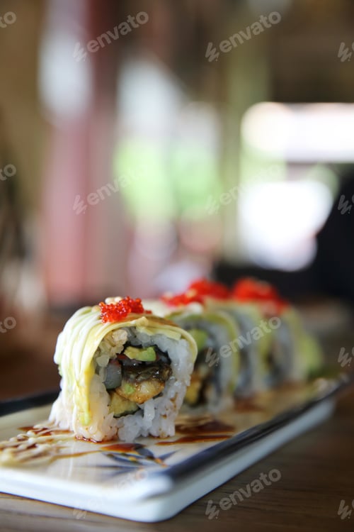 Preview: Avocado Sushi Maki On Wood Background , Japanese Food