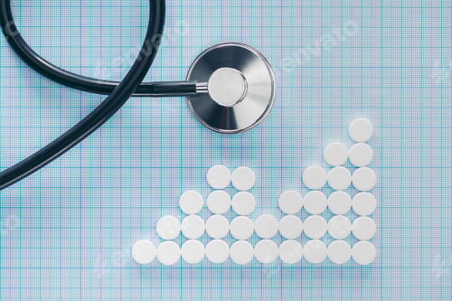 Preview: view from above of stethoscope and arranged white pills on blue checkered surface