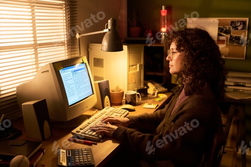 Preview: Caucasian Woman Working on Desktop Computer in Home Office Setting