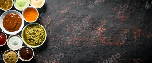 Preview: Barbecue sauce, pesto, mayonnaise, mustard with thyme sprigs.