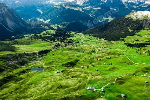 Preview: Aerial view from Seceda to green valley, Dolomites