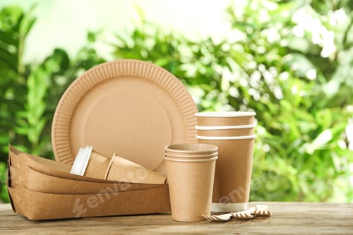 Preview: Paper dishware on wooden table against blurred background, space for text