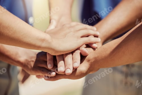 Preview: Closeup, hands and stack for sport, outdoor, baseball and group for teamwork, motivation and togeth
