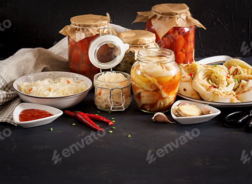 Preview: Cabbage kimchi, tomatoes marinated, sauerkraut sour glass jars over rustic kitchen table.