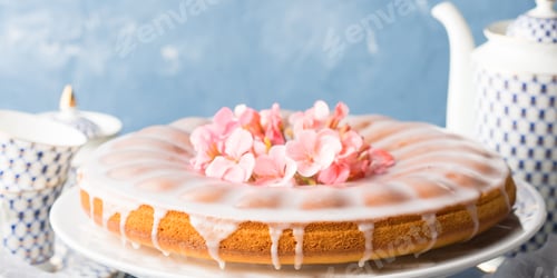 Preview: Bundt cake with frosting. Festive treat spring flowers banner