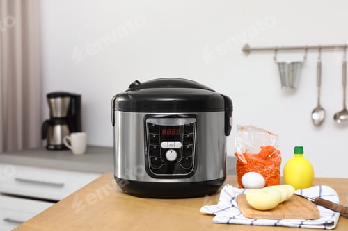 Preview: New modern multi cooker and products on table in kitchen