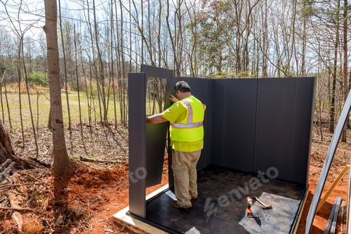 Preview: Worker to assembling together plastic shed for backyard near in the home