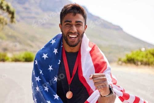 Preview: Fitness, winner and portrait of man with USA flag on mountain for exercise, training and running ra