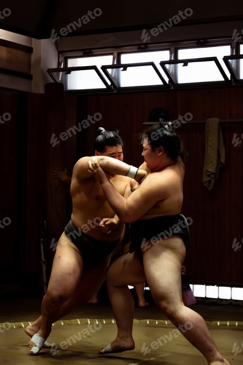 Preview: Shadows of Strength: Sumo Wrestlers Face Off in Low Key Training