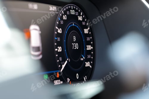 Preview: Dashboard display shows fuel level and speed on a modern car in daytime
