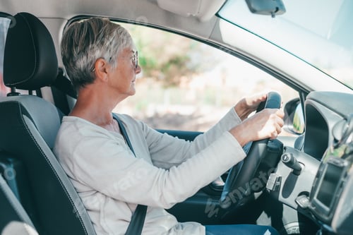 Preview: Happy owner. Handsome mature woman sitting relaxed in his newly bought car looking at the road