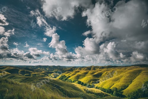 Preview: Green meadows on cloudy sky background. Sumba