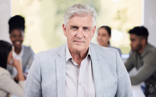 Preview: Portrait of a senior businessman standing in an office with his colleagues in the background