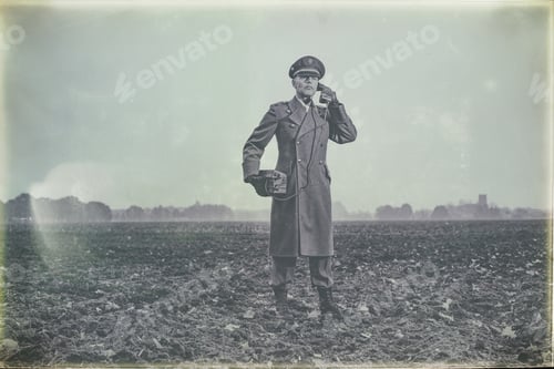 Preview: Antique Black And White Photo Of 1940S Military Officer Calling With Field Phone On Farmland.