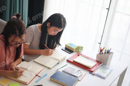 Preview: Two teenage girls writing in notebooks while studying at home.