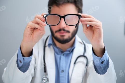 Preview: Unrecognizable doctor suggesting eyeglasses for a person with a vision problem.