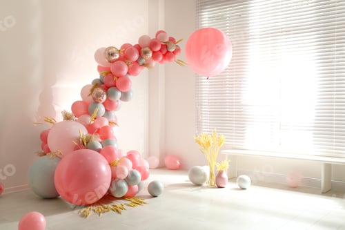 Preview: Room decorated with colorful balloons and spikelets for party