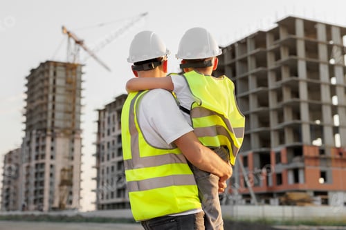 Preview: Father and son in protective helmets and vests look at the construction of a building at sunset.