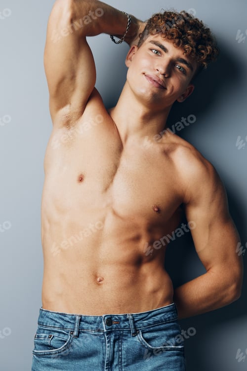 Preview: man curly attractive fit guy body sexy studio model strong standing