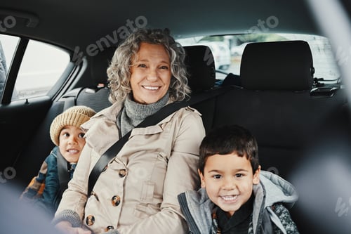 Preview: Portrait, car ride and grandmother relax with children or grandchildren while travel or on a road t