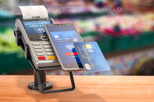 Preview: Contactless payment with smart phone. POS terminal with NFC mobile phone in asupermarket.
