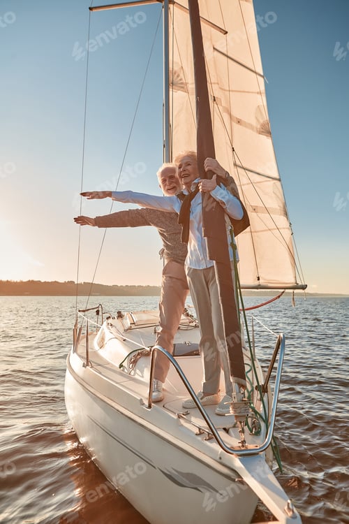 Preview: Feeling carefree. Happy senior couple stretching hands out against the sky and smiling while