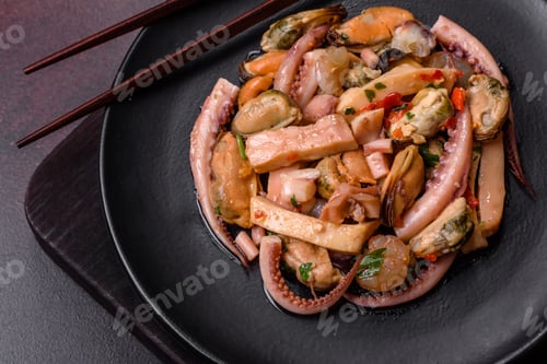 Preview: Delicious pickled seafood salad or cocktail on a black plate