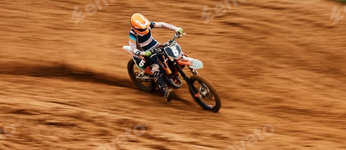 Preview: Bike, dust and motion blur with a sports man on space in the desert for dirt biking. Motorcycle, ex