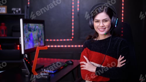 Preview: Professional Streamer and gamer with headset playing online video games
