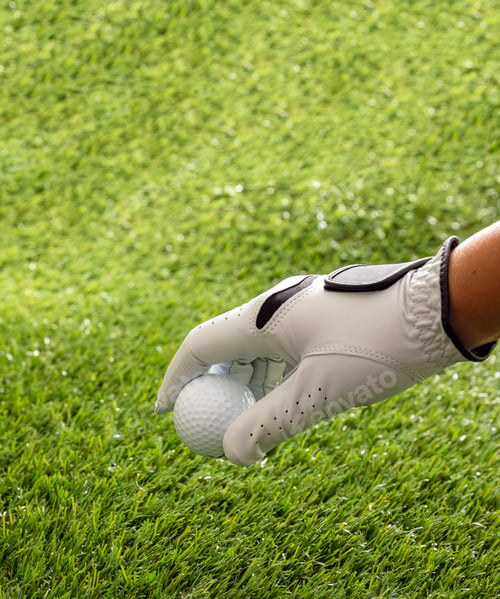 Preview: Hand in golf glove holding a golfball, green course lawn background, close up view.