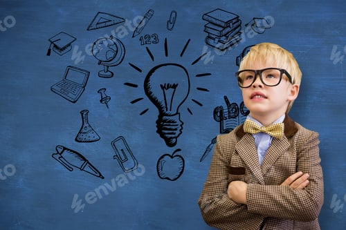 Preview: Cute Pupil Dressed Up As Teacher Against Blue Chalkboard
