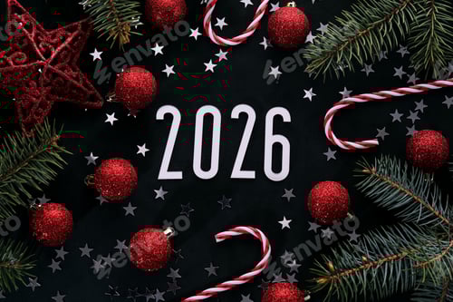 Visualização: Fundo escuro de Ano Novo de 2026. Número do próximo ano na decoração de Natal.